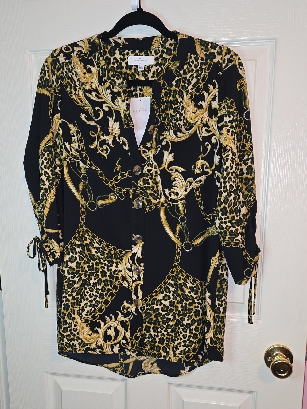 new directions Black and Gold Chain-Print Button Down Blouse